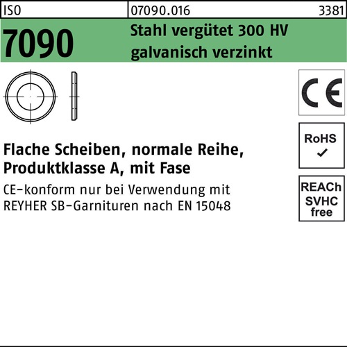Unterlegscheibe ISO 7090 m.Fase 10 Stahl verg. 300 HV galv.verz. 100St.