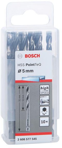 Bosch Spiralbohrer-Set PoinTeQ DIN338 10tlg.D.5mm Arbeits-L.52mm HSS BohrertypN