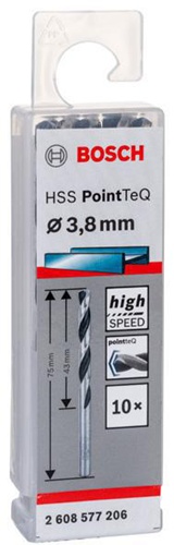Bosch Metallspiralbohrer PointTeQ DIN388 Arbeits-L.43mm D.3,8mm Typ N 10St.
