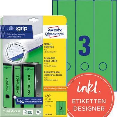 Avery Zweckform Ordneretikett L4754-20 lang/breit gn 60 St./Pack.