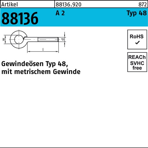 Gewindeöse R 88136 Typ 48 M5x 20 D 8 A 2 50 Stück
