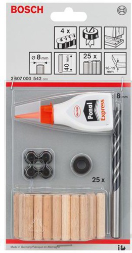 Bosch Holzdübel-Set 32tlg. DxL 8x30mm m.Holzbohrer u.Tiefenstopp m.Dübelsetzer u.Leim