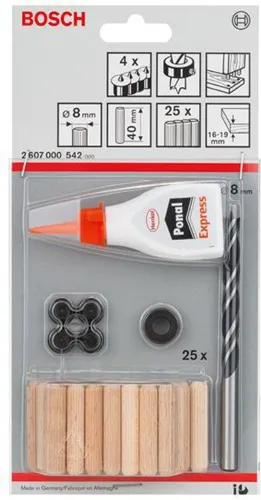 Bosch Holzdübel-Set 32tlg. DxL 8x30mm m.Holzbohrer u.Tiefenstopp m.Dübelsetzer u.Leim