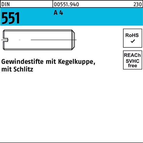 Gewindestift DIN 551 Kegelkuppe/Schlitz M6x 20 A 4 25 Stück