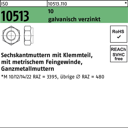 Sechskantmutter ISO 10513/DIN 6925 Klemmteil M18x1,5 10 galv.verz. 50St.