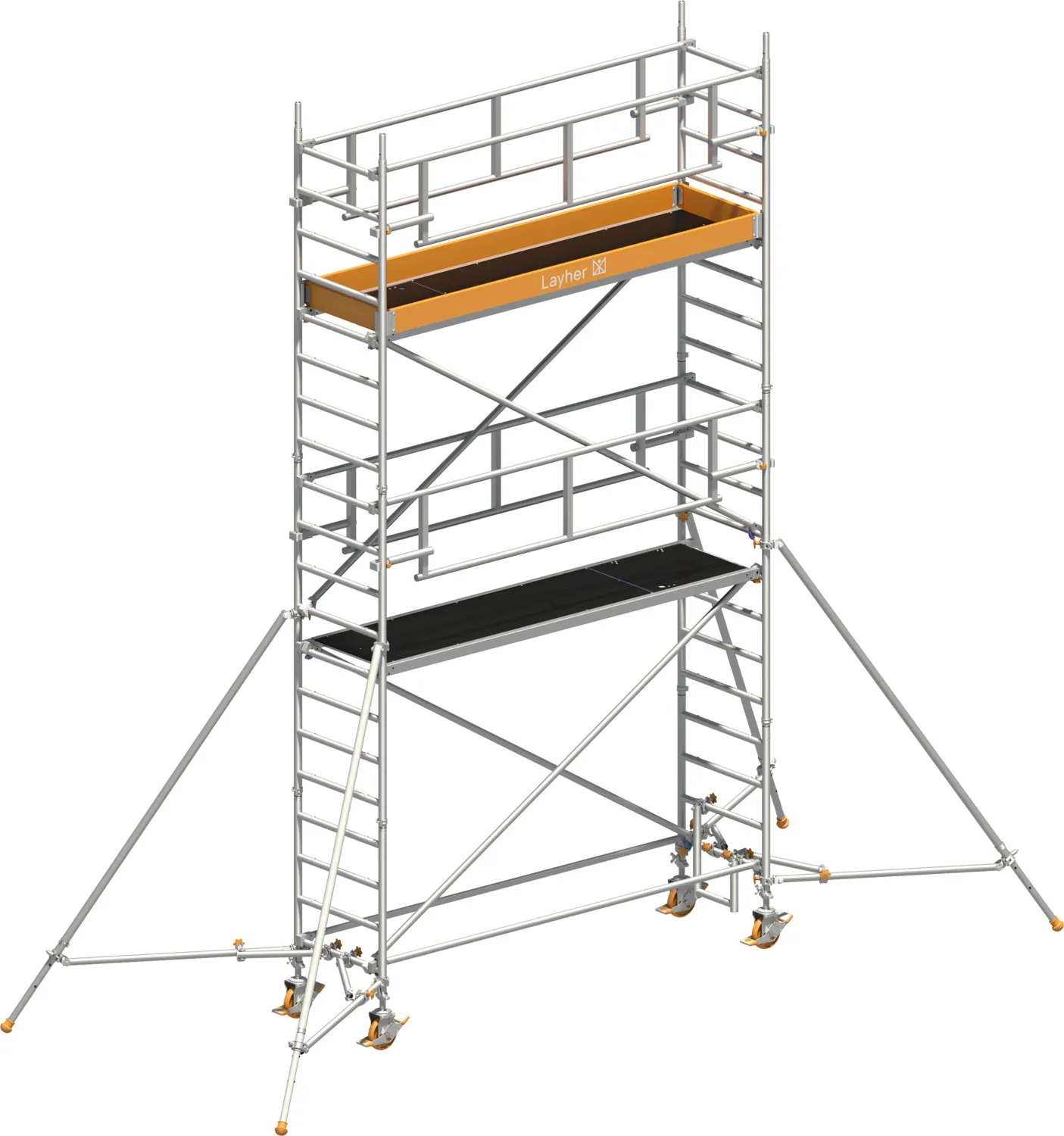 Layher Fahrgerüst Uni Standard P2 SAFETY PLUS mit Doppelgeländer und Gerüststützen Typ: 1421124 | SH: 4,2 m / AH: 6,20 m
