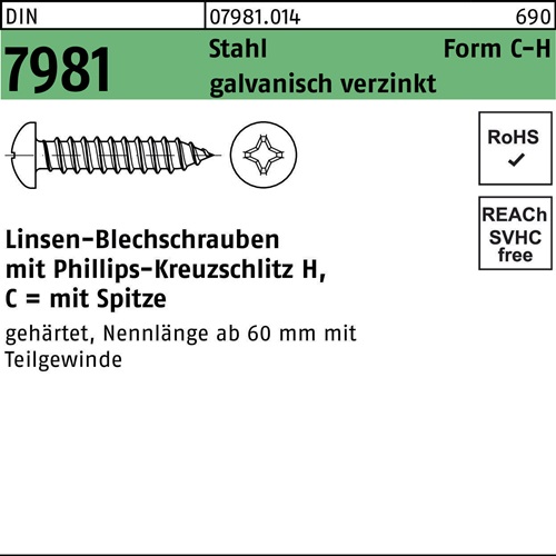 Blechschraube DIN 7981 LIKO PH C6,3x32-H Stahl galv.verz. Spitze 100St.