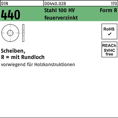 Scheibe DIN 440 R 11x 34x 3 Stahl 100 HV feuerverz. 100St.