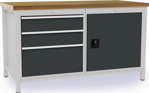 Werkbank grau lichtgrau B1500xH859xT750mm Buche Multiplex 40mm 3 Schubl.1 Tür