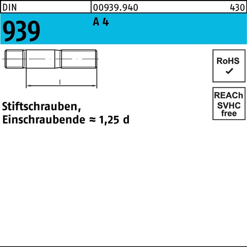 Stiftschraube DIN 939 M 20 x 50 A 4 Einschraubende=1,25d 10 Stück