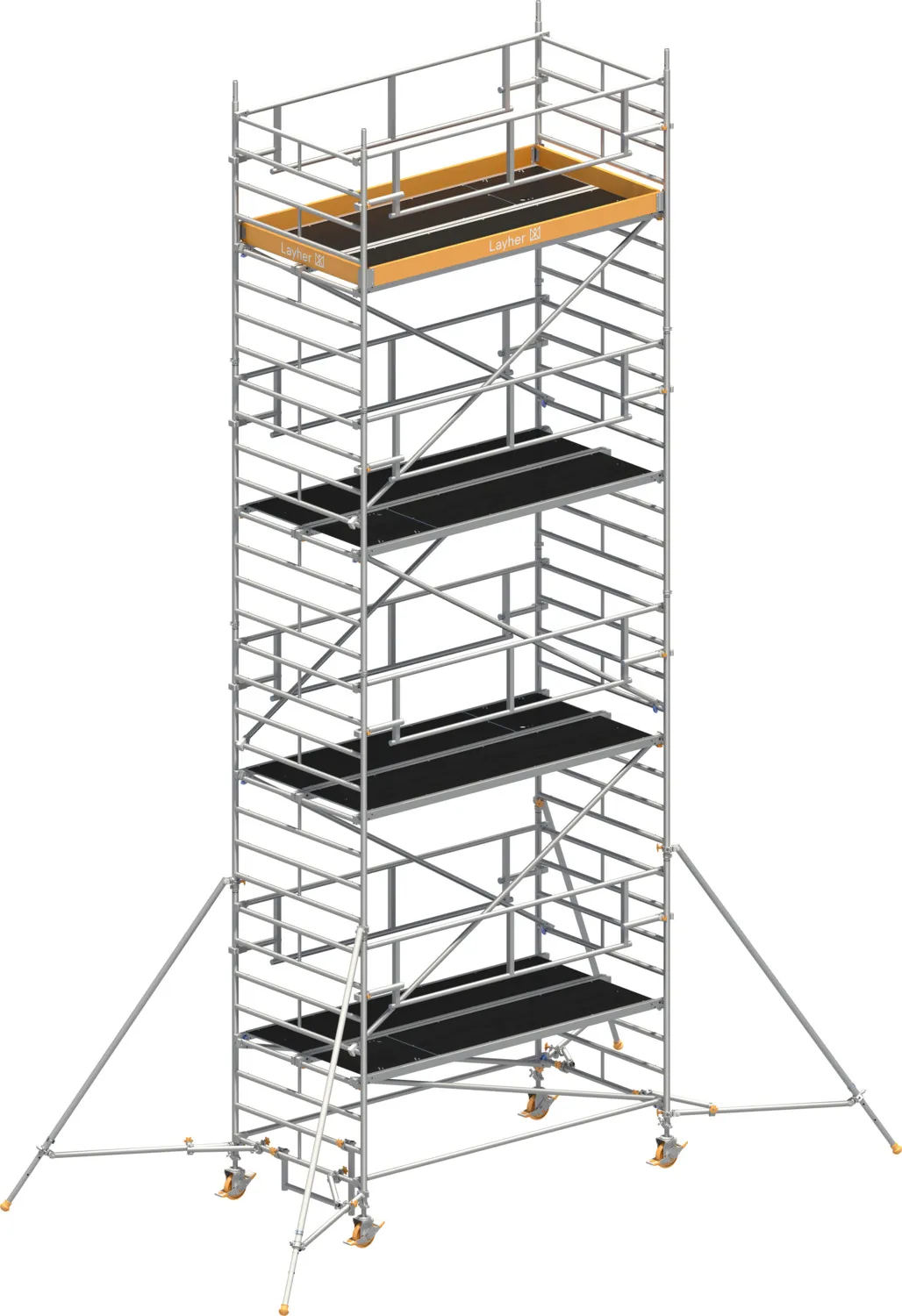 Layher Fahrgerüst Uni Breit P2 SAFETY PLUS mit Doppelgeländer und Gerüststützen Typ: 1422127 | SH: 7,2 m / AH: 9,20 m