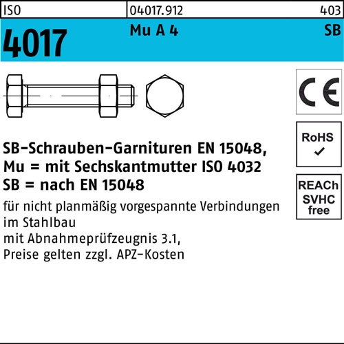 Sechskantschraube ISO 4017 VG Mutter M12x 50 A 4-70 SB 50 Stück