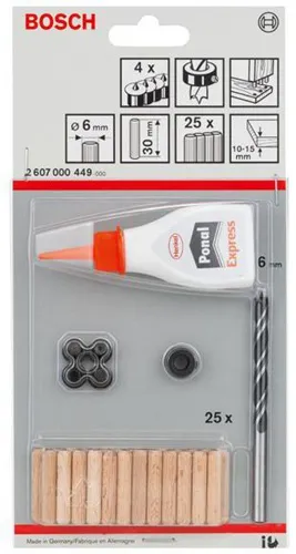 Bosch Holzdübel-Set 32tlg. DxL 6x30mm m.Holzbohrer u.Tiefenstopp m.Dübelsetzer u.Leim