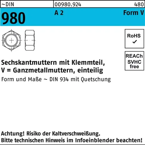 Sechskantmutter DIN 980 Klemmteil VM 10 A 2 500 Stück