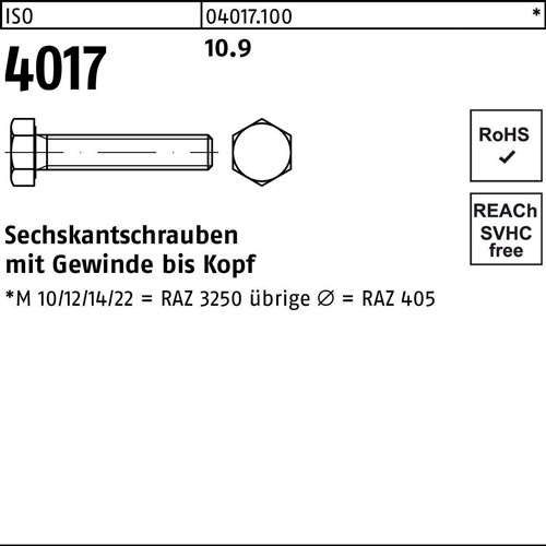 Sechskantschraube ISO 4017 VG M16x 70 10.9 25 Stück