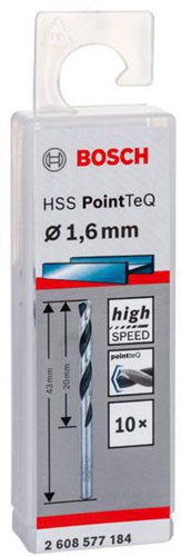 Bosch Metallspiralbohrer PointTeQ DIN388 Arbeits-L.20mm D.1,6mm Typ N 10St.