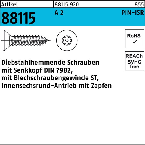 Schraube R 88115 diebstahlh. Seko ISR Zapfen 4,2x 19 A 2 100 Stück