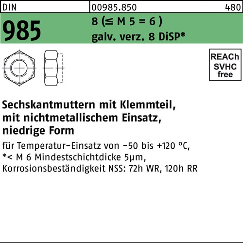 Sechskantmutter DIN 985 Klemmteil M3 8 (=M5 = 6 ) galv.verz. 8 DiSP 1000St.