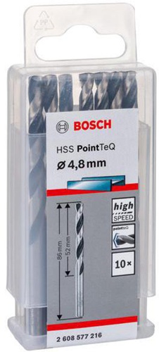 Bosch Metallspiralbohrer PointTeQ DIN388 Arbeits-L.52mm D.4,8mm Typ N 10St.