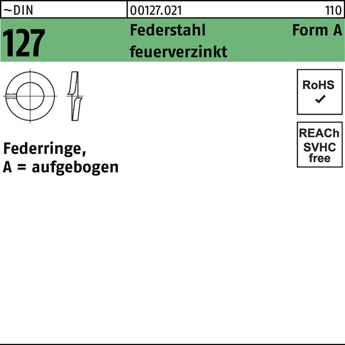 Federring DIN 127 A 10 Federstahl feuerverz. 1000 Stück