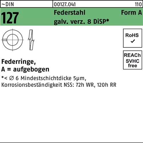 Federring DIN 127 A 3 Federstahl galv.verz. 8 DiSP 1000 Stück