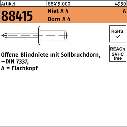 Blindniete R 88415 Flachkopf Niet A 4/Dorn A 4