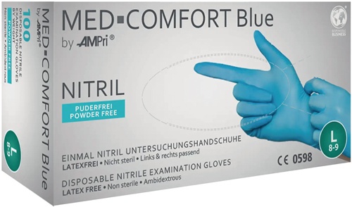 Einweghandschuhe Med Comfort Blue Nitril PSA-Kategorie III EN 21420, EN 374, EN 455 100 Stück / Box AMPRI