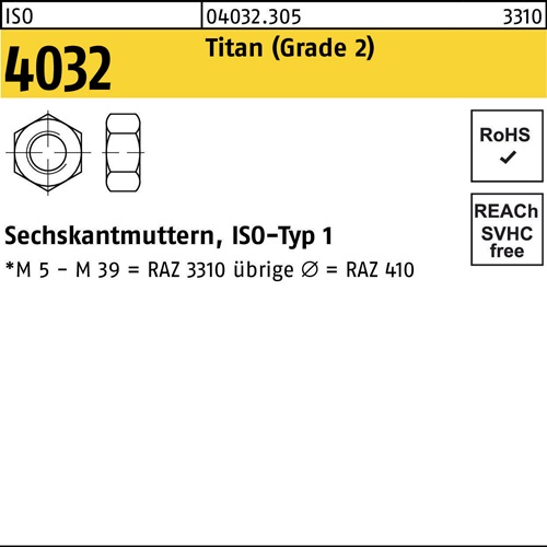 Sechskantmutter ISO 4032 M6 Titan (Grade 2) 50 Stück