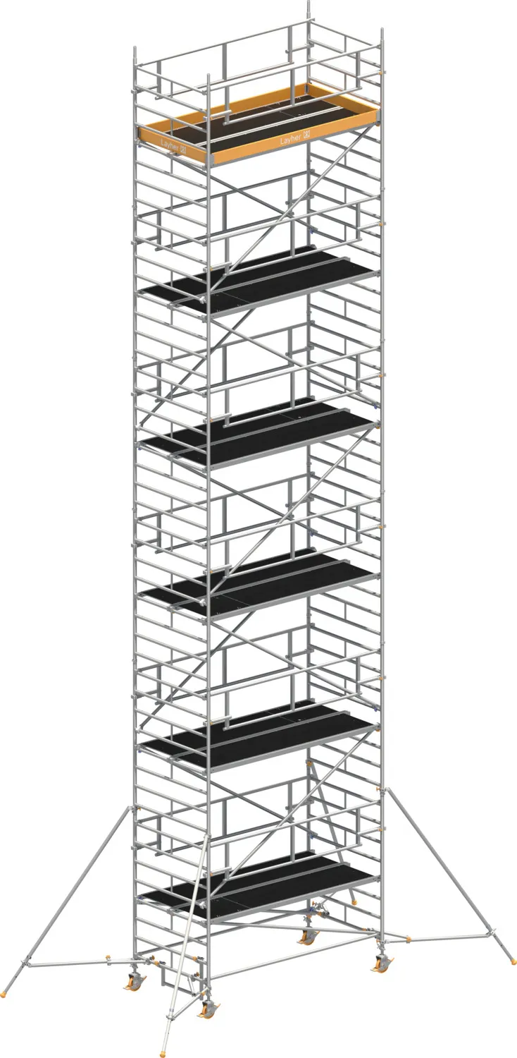 Layher Fahrgerüst Uni Breit P2 SAFETY PLUS mit Doppelgeländer und Gerüststützen Typ: 1422131 | SH: 11,2 m / AH: 13,20 m