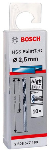Bosch Metallspiralbohrer PointTeQ DIN388 Arbeits-L.30mm D.2,5mm Typ N 10St. 