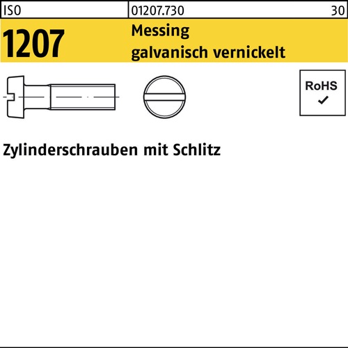 Zylinderschraube ISO 1207 Schlitz M6x10 Messing galv. vernickelt 200St.