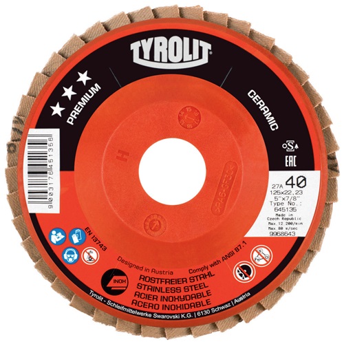 Fächerscheibe PREMIUM CERAMIC D.125mm K.60 ger.Rostfreier STA CA TYROLIT