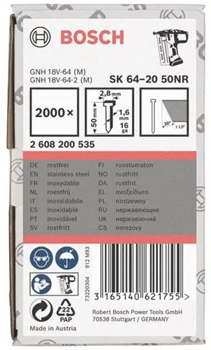 Bosch Senkkopfstift SK64-20 NR LxBxD 50x2,8x1,35mm Edelstahl Drahtmaß 1,6mm 2000erPack