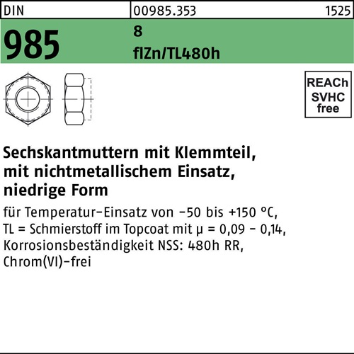 Sechskantmutter DIN 985 Klemmteil M20 8 zinklamellenbes. flZnnc 480h-L 50St.