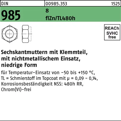 Sechskantmutter DIN 985 Klemmteil M8 8 zinklamellenbes. flZnnc 480h-L 500St.