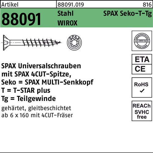 Schraube R 88091 SEKO/T-STAR TG 3,5x 45/30-T20 Stahl WIROX 1000 Stück SPAX