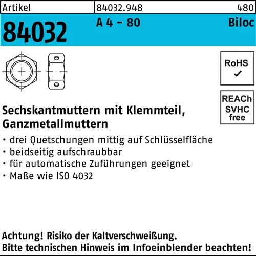 Sechskantmutter R 84032 Biloc Klemmteil M20 A 4 - 80 50 Stück