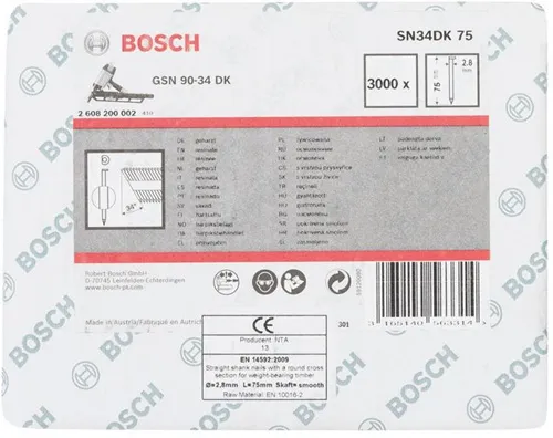 Bosch Streifennagel SN34DK 75 3000-tlg.Schaft-D.2,8mm L.75mm D-Kopf blank glatt