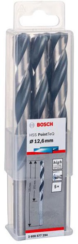 Bosch Metallspiralbohrer PointTeQ DIN388 Arbeits-L.101mm D.12,6mm Typ N 5St.