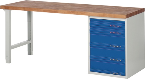 TECWERK Werkbank Ser.BK 650 B2000xT700xH840mm Buche massiv grau/blau 5 Schubl.