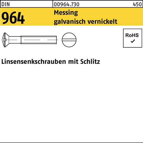 Linsensenkschraube DIN 964 Schlitz M6x 25 Messing galv. vernickelt 200St.