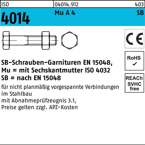Sechskantschraube ISO 4014 Schaft/Mutter M20x 90 A 4 SB 10 Stück