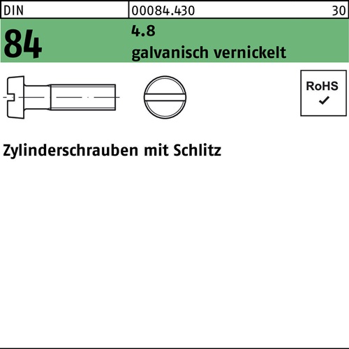 Zylinderschraube DIN 84/ISO 1207 Schlitz M4x16 4.8 galv. vernickelt 2000St.