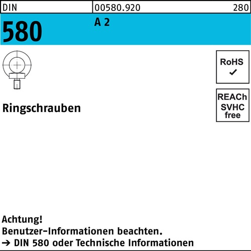 Ringschraube DIN 580 M 20 A 2 Ohne Oberflächenangabe 5 Stück