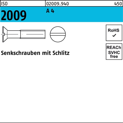 Senkschraube ISO 2009 Schlitz M6x 12 A 4 200 Stück