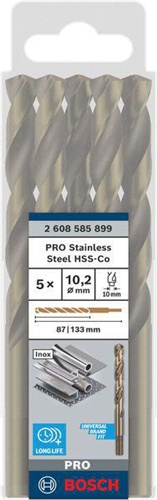 Bosch Metallbohrer PRO Stainless Steel Arbeits-L.87mm D.10,2mm L.133mm 5St.