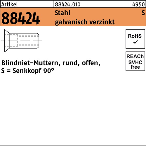 Blindnietmutter R 88424 SEKO M10 /4,0 -6,5 Stahl galv.verz. 100St.