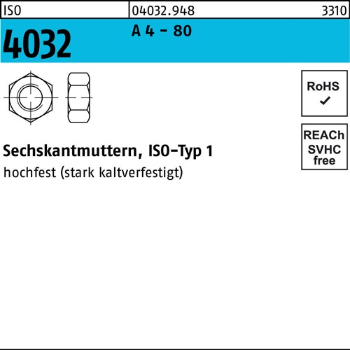 Sechskantmutter ISO 4032 M12 A 4 - 80 100 Stück