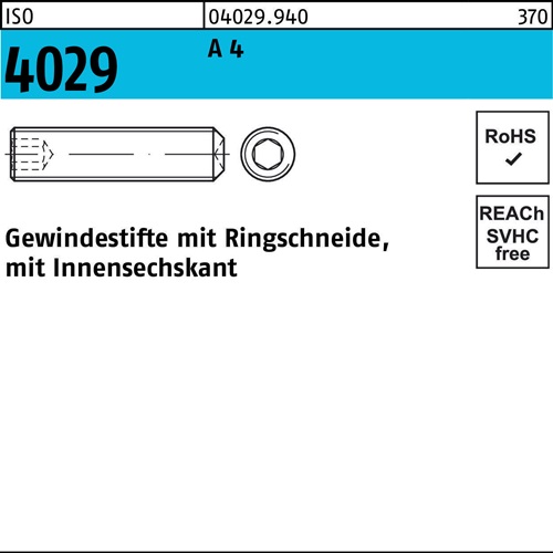 Gewindestift ISO 4029 Ringschneide/Innen-6kt M3x 6 A 4 500 Stück