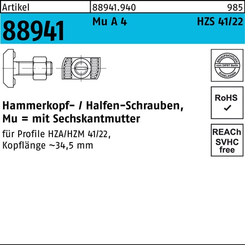 Hammerkopfschraube R 88941 HZS41/22 6-ktmutter M12x50 Mu A 4 25St. HALFEN